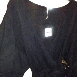 FREE PEOPLE LONG GOTHY SLEEVE BLACK WRAP FRONT BLOUSE WITH TIE SIZE S (NWT)